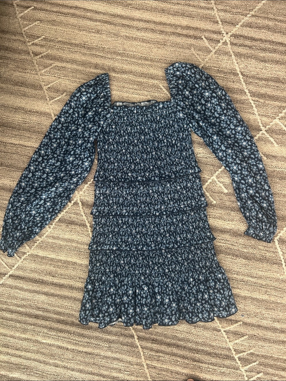 KatieJNYC Smocked Navy Blue Floral Long-Sleeve Mini Dress